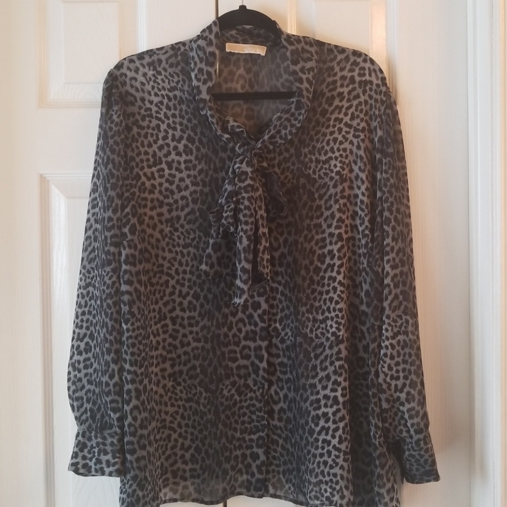 MICHAEL Michael Kors Gray and Black Leopard Print Tie-Neck Blouse